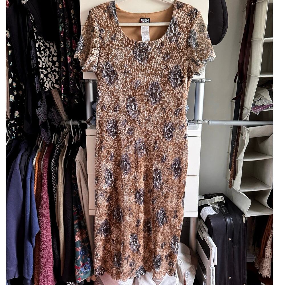 Vintage Helene Blake Tan Lace Overlay Maxi Dress